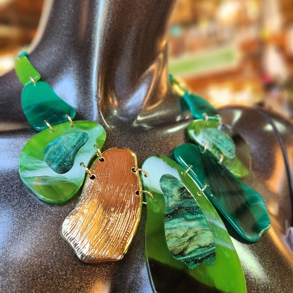 Green, Blue and Goldtone Statement Necklace with Earrings Set - Picture 8 of 16